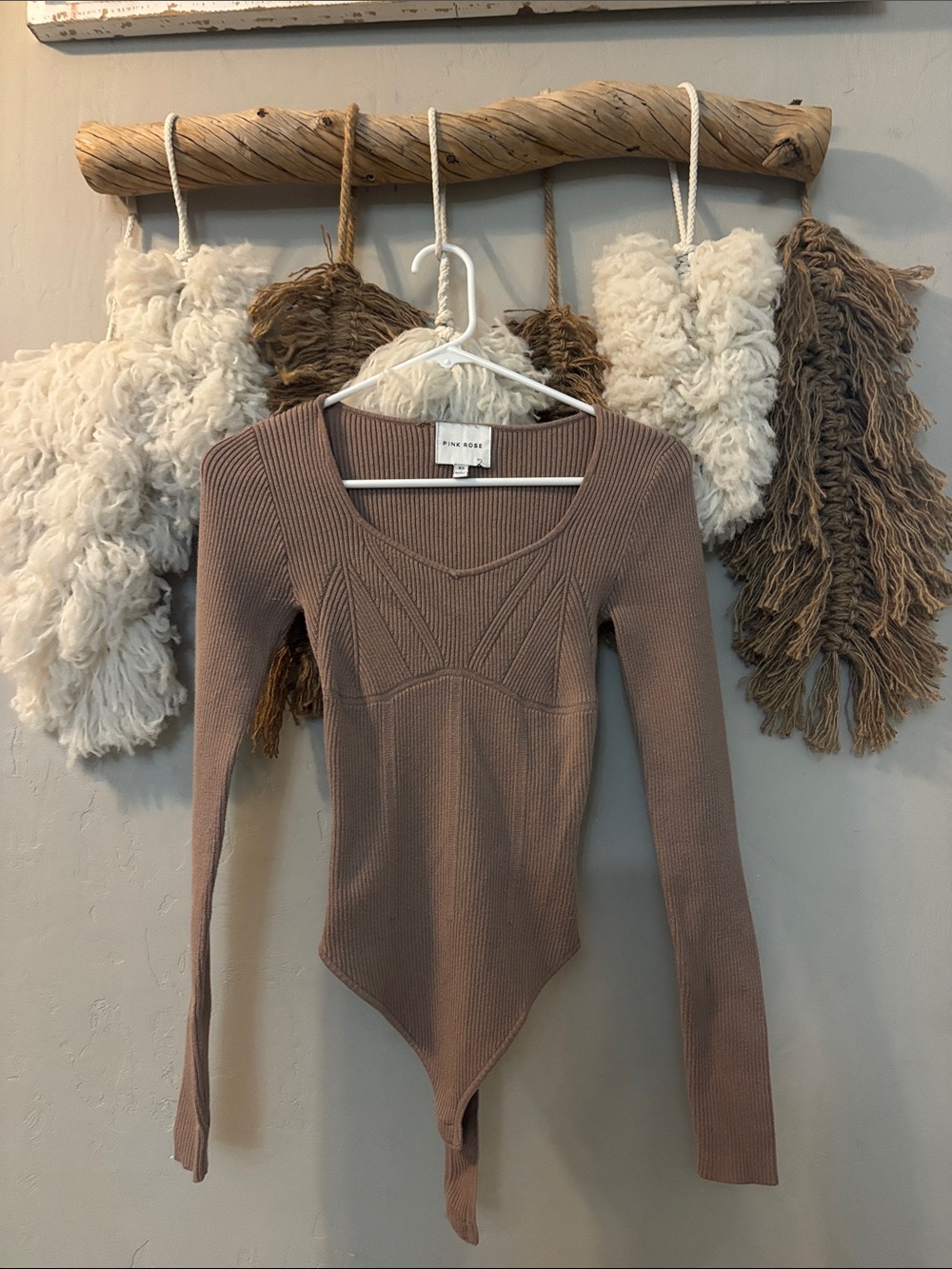 Pink Rose Mauve Taupe Ribbed Long Sleeve Bodysuit